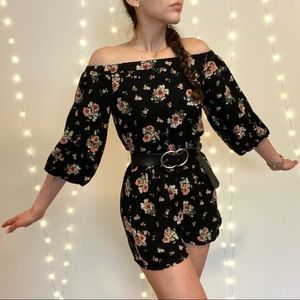 Bloomingdales Bran Aqua Black Floral Romper | Strapless Bubble Sleeve